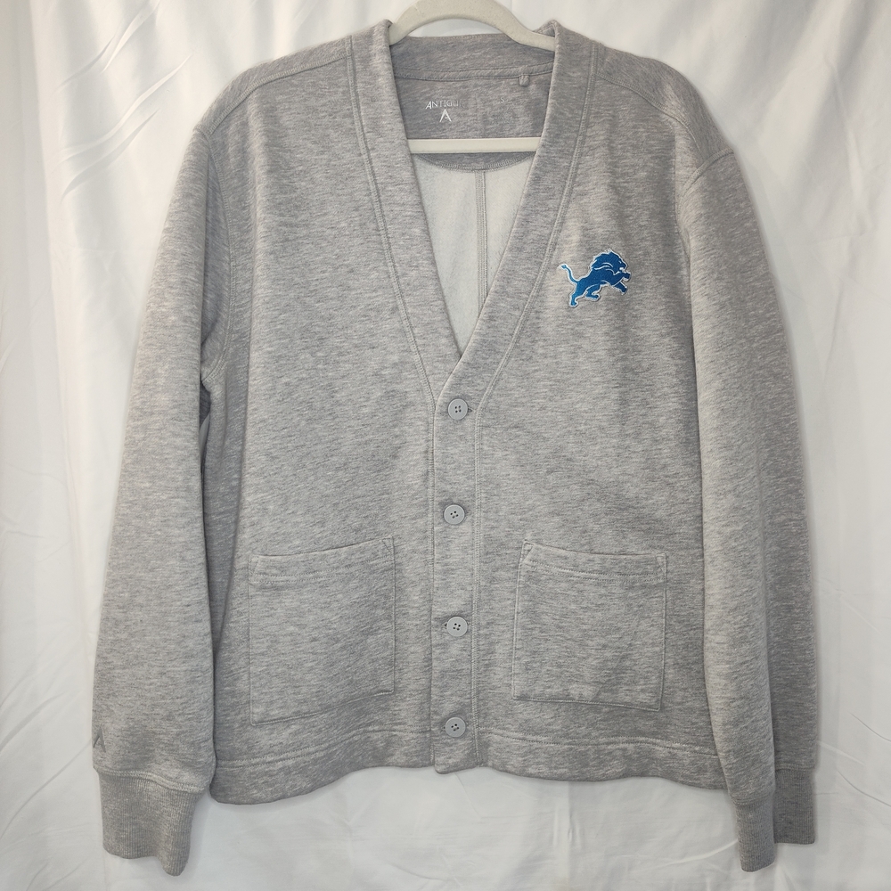 Detroit Lions Antigua Victory Button-Up Cardigan Sweatshirt Heather Gray Small